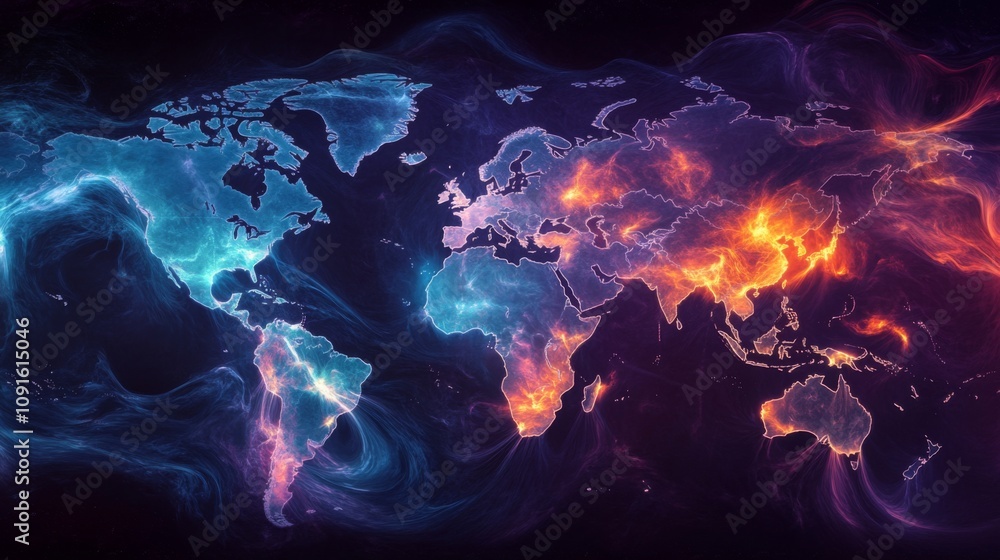 Poster a world map is rendered in white lines, set against a black background. the continents are overlaid 