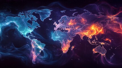 A world map is rendered in white lines, set against a black background. The continents are overlaid with a blue glow, while Asia and parts of Africa glow orange.