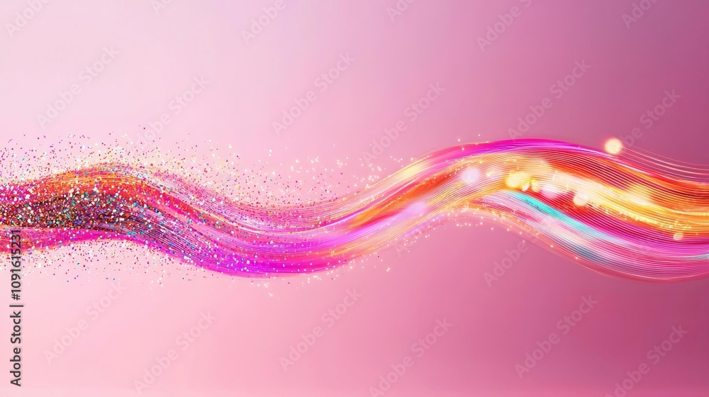 Poster vibrant color swirl with sparkling effects on a soft pink background.