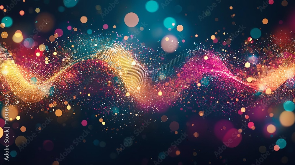 Poster colorful swirl of light and particles creating a vibrant abstract background.