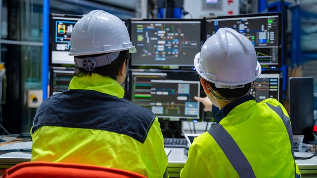 Engineer working at control room in the factory,Manager control system at Industrial plant,Technician man monitoring program from a lot of monitor