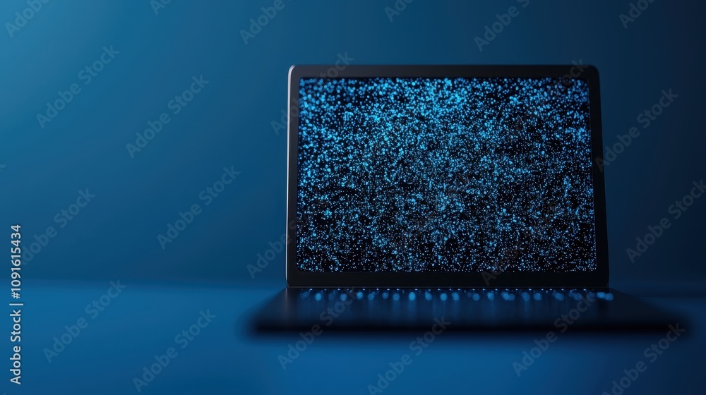 Poster abstract glowing particle laptop screen digital data technology background