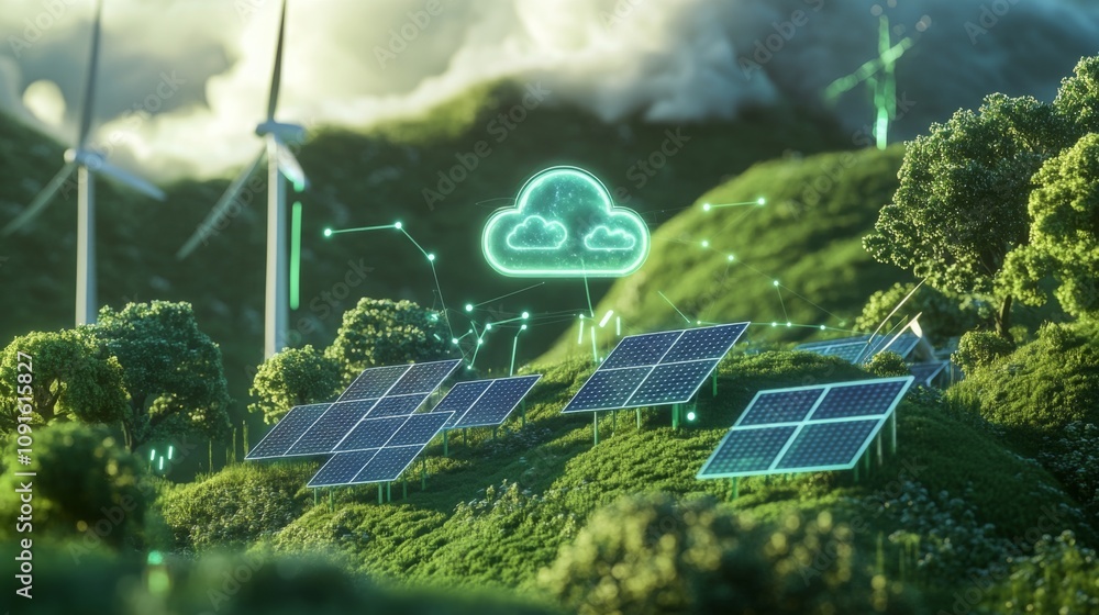 Poster a field of solar panels and wind turbines is shown in a lush green landscape with a cloud icon hover