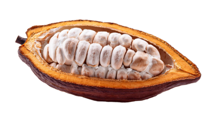 sliced open cacao fruit seeds and husk isolated on white background