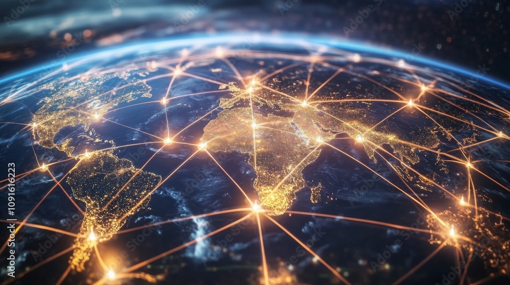 Aufkleber The image depicts a view of Earth from space, showcasing a vibrant network of cities. Illuminated areas represent urban regions connected by overlapping lines, symbolizing technological links.