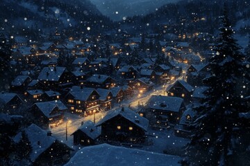 Snowy alpine village at night with illuminated houses and falling snowflakes