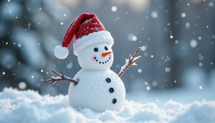 Fototapeta premium Close-up of snowy snowman in red Christmas hat during snowfall