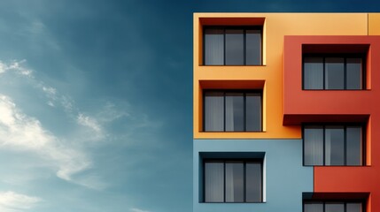 Fototapeta premium A contemporary building featuring a vibrant colored facade of blue, orange, and yellow hues against a clear sky, showcasing modern architecture and design.