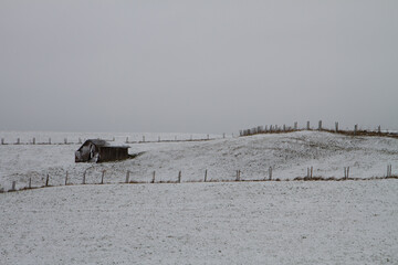 hut in landscape with snow