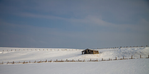 hut in landscape with snow