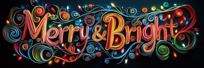 Merry & Bright Phrase with Colorful Quilled Christmas Lights in Paper Quilling Style