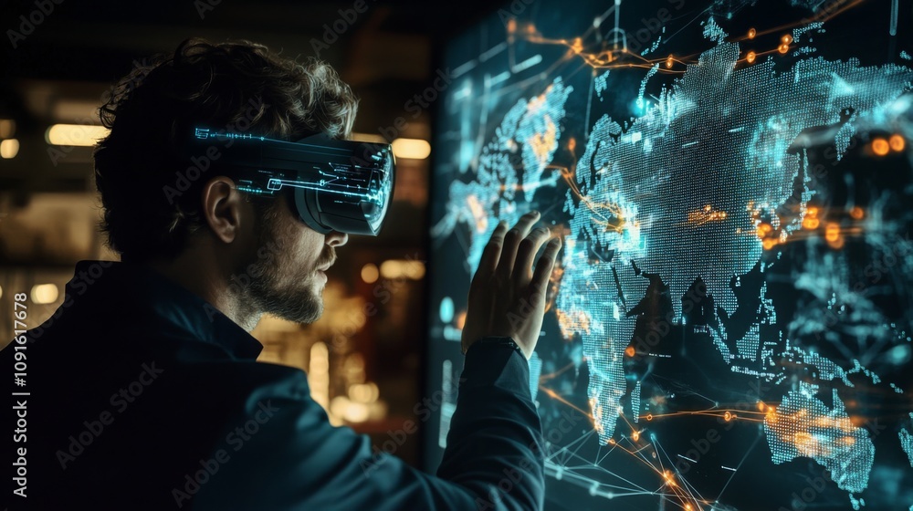 Poster in a modern tech space, a man wearing a virtual reality headset interacts with a glowing digital map