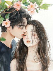 Naklejka premium A couple portrait illustration in soft watercolor, gentle brushstrokes capturing happiness and contentment, pastel colors of blooming spring flowers and fresh green leaves,