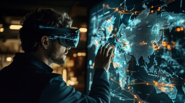 In a modern tech space, a man wearing a virtual reality headset interacts with a glowing digital map of the world.