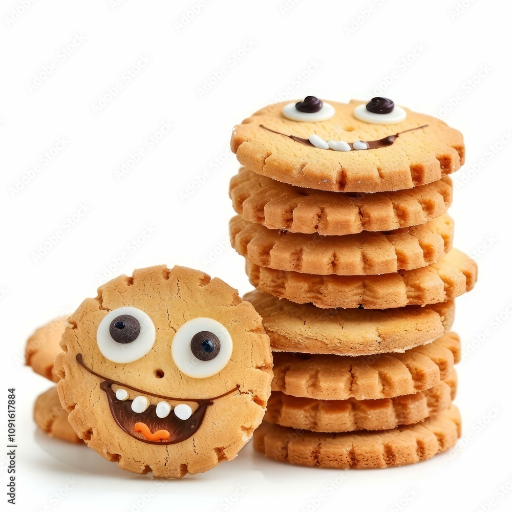 Poster stack of crispy round cookies decorated with chocolate icing smiling on white background