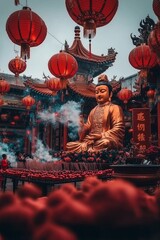 Naklejka premium Buddha statue surrounded by red lanterns and incense smoke