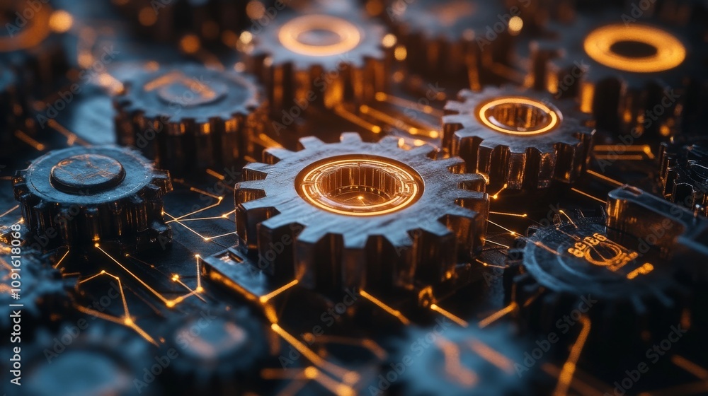 Poster illuminated gears interconnected in a complex system