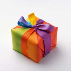 gift box with ribbon, bright multicolored gift on a white background