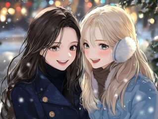 A girl iwearing a chic, tailored navy pea coat with brass buttons, The second girl  bundled up in a pale blue parka and fluffy earmuffs. They smile as they talk, their breath visible in the cold 