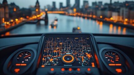 A GPS screen in a car with a city skyline in the background.