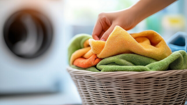 a woman’s hand placing fresh, neatly folded clothes into a laundry basket at a laundromat or home self-service. 