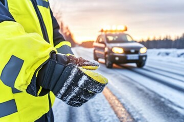 Fototapeta premium Winter road safety: person in high-visibility jacket near vehicle on icy road
