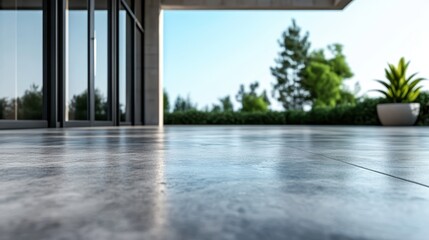 A modern patio space featuring sleek, reflective flooring amid lush greenery and perfect daylight, capturing the essence of sophisticated outdoor living.