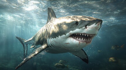 Naklejka premium A great white shark swims with its mouth open, revealing sharp teeth, in the ocean.
