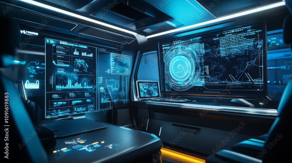 Aufkleber A futuristic control room is filled with multiple high-tech displays showcasing intricate data visuals and graphs.