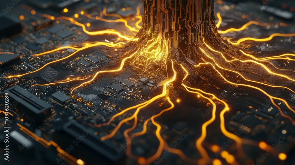 Poster bright electric currents burst forth from a circuit board, mimicking a volcanic eruption, showcasing