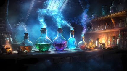 A mystical laboratory scene featuring colorful potions and magical vapors. Magical Potion Laboratory. Illustration