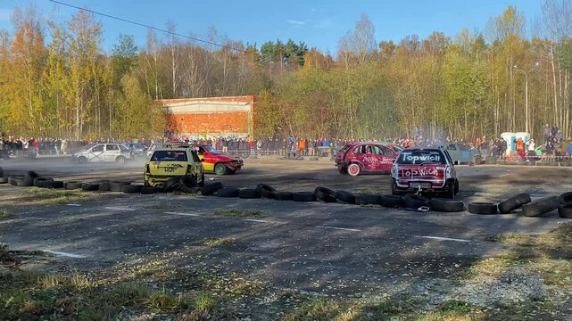 Ceske Budejovice, Czech republic - November 20, 2024: Demolition derby on closed track area, motorsport event