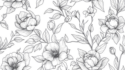 A black and white floral pattern with a white background