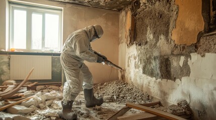 A Worker in Protective Gear Demolishing a Wall