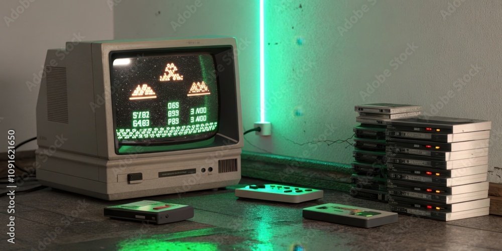 Poster a dusty crt display stands against a wall its screen showcasing pixelated graphics while neon green 