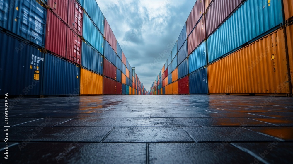 Aufkleber A concrete path between two rows of stacked colorful shipping containers. The path is wet, reflecting the cloudy sky above.