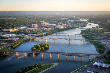 A view of the bridges across the Cedar River from above in Cedar Rapids, Iowa, USA.
