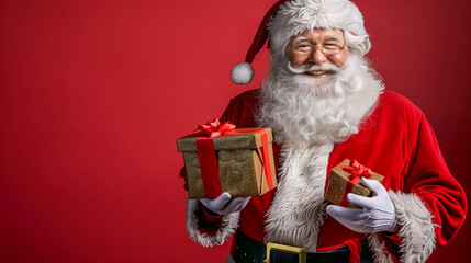 Happy, smiling Santa Claus holding Christmas gifts, isolated on a red background with copy space for text