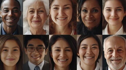 A collage of family photos featuring smiling faces from different ages and ethnicities Smiling group of ethnically diverse businessmen and businesswomen