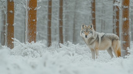 Obraz premium A lone wolf stands in a snowy forest, looking directly at the camera.