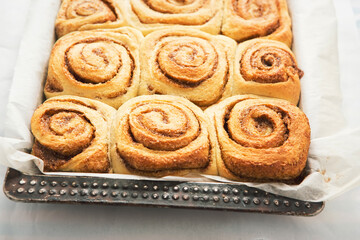 Cinnamon rolls. Traditional sweet baked goods. 