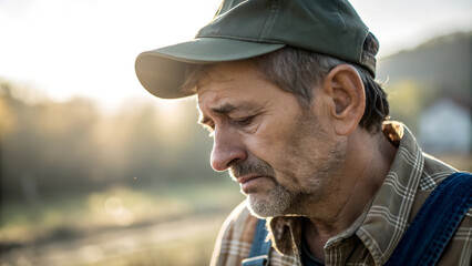 Closeup Portrait: Trauriger, deprimierter Bauer / Farmer / Landwirt