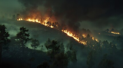 Obraz premium Fire in hot weather in the forest on the mountain