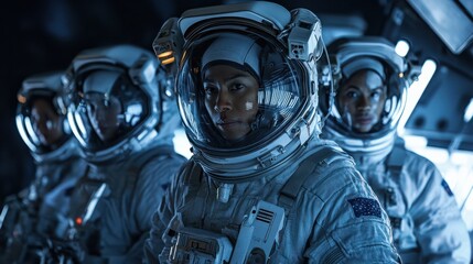 A multicultural team of astronauts from Asia, Africa, and Latin America preparing for a mission to explore the cosmos