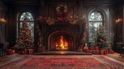 Obraz premium New Year's fireplace with a New Year's tree and gifts .Generative AI
