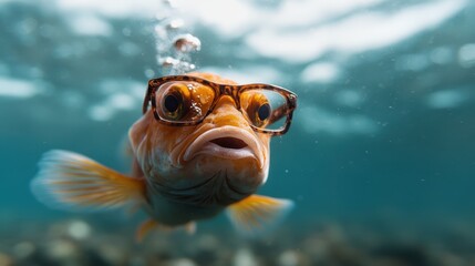 A playful fish with large eyeglasses swims underwater, creating a whimsical scene that highlights the humorous and imaginative aspects of aquatic life and creativity.