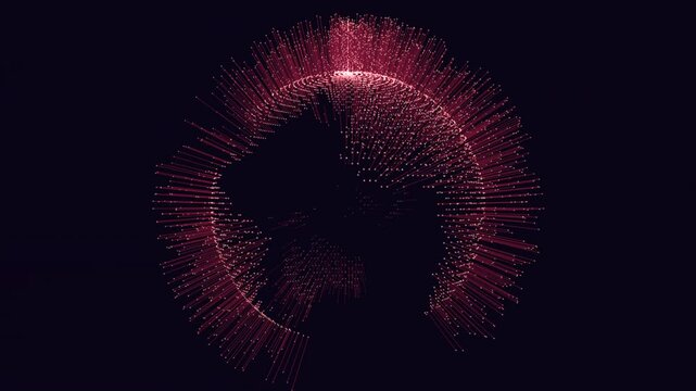 An intricate circular pattern composed of lines and dots, with the lines arranged in a circular formation and scattered dots, set against a black background