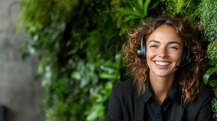A friendly woman with brown hair smiles while wearing a headset, set against a lush green backdrop, representing excellent customer support service and connectivity.