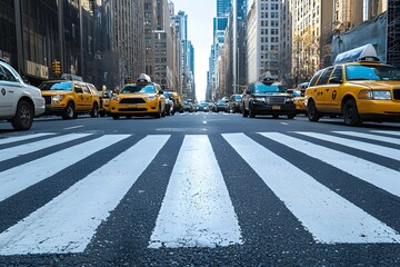 Busy city street with yellow taxis and tall buildings