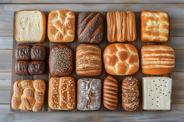 Assortment of fifteen freshly baked artisan loaves of bread, each with distinct textures, toppings, and shapes, beautifully arranged on a rustic wooden board for a stunning bakery display